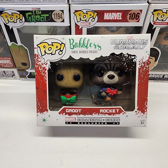 Funko Pop! Marvel Bobblers Groot/Rocket Collectors Corp Xmas Exclusive 2-Pack - Picture 7 of 9